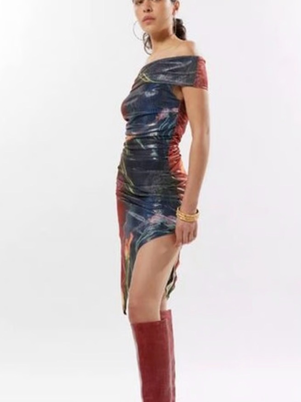 silence + noise Off the Shoulder Multicolor Ruched Midi Dress with leg slit.